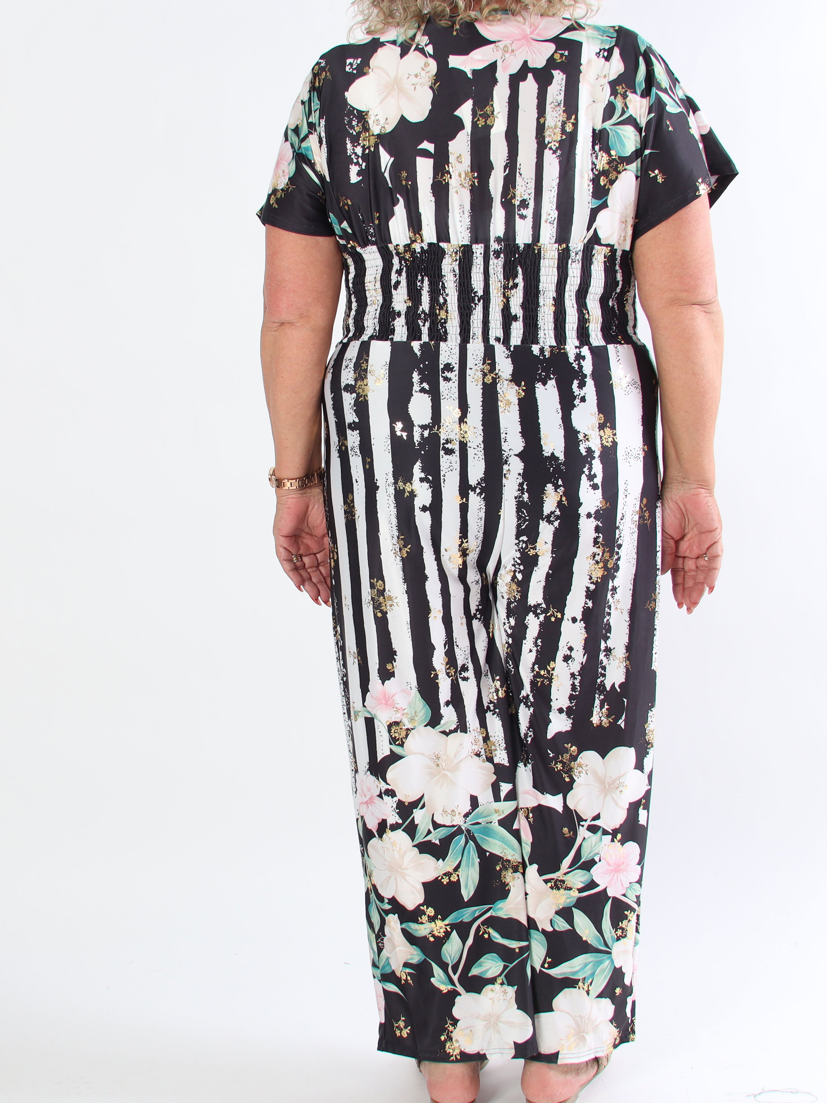 Pams Floral Stripe Jumpsuit - Elastisk plus size buksedragt med blomster
